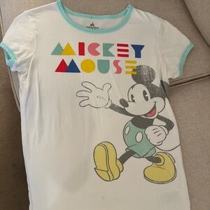 Disney White Tee with Multicolor Mickey Graphic and Aqua Trim